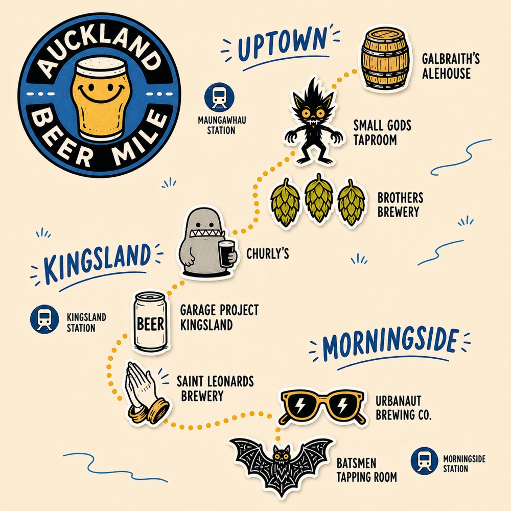 Illustrated Auckland Beer Mile map showing taprooms through Uptown, Kingsland and Morningside